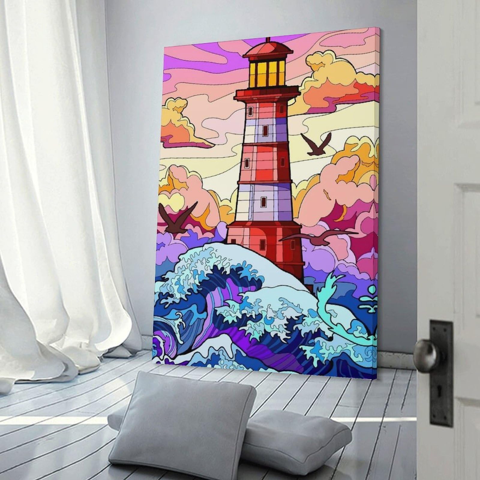 Junmoney Lighthouse in A Stormy Sea Wall Art Print, 24x36inch(60x90cm), for Office, Study Or Home Workspace, Decorative Artwork for Productive Spaces