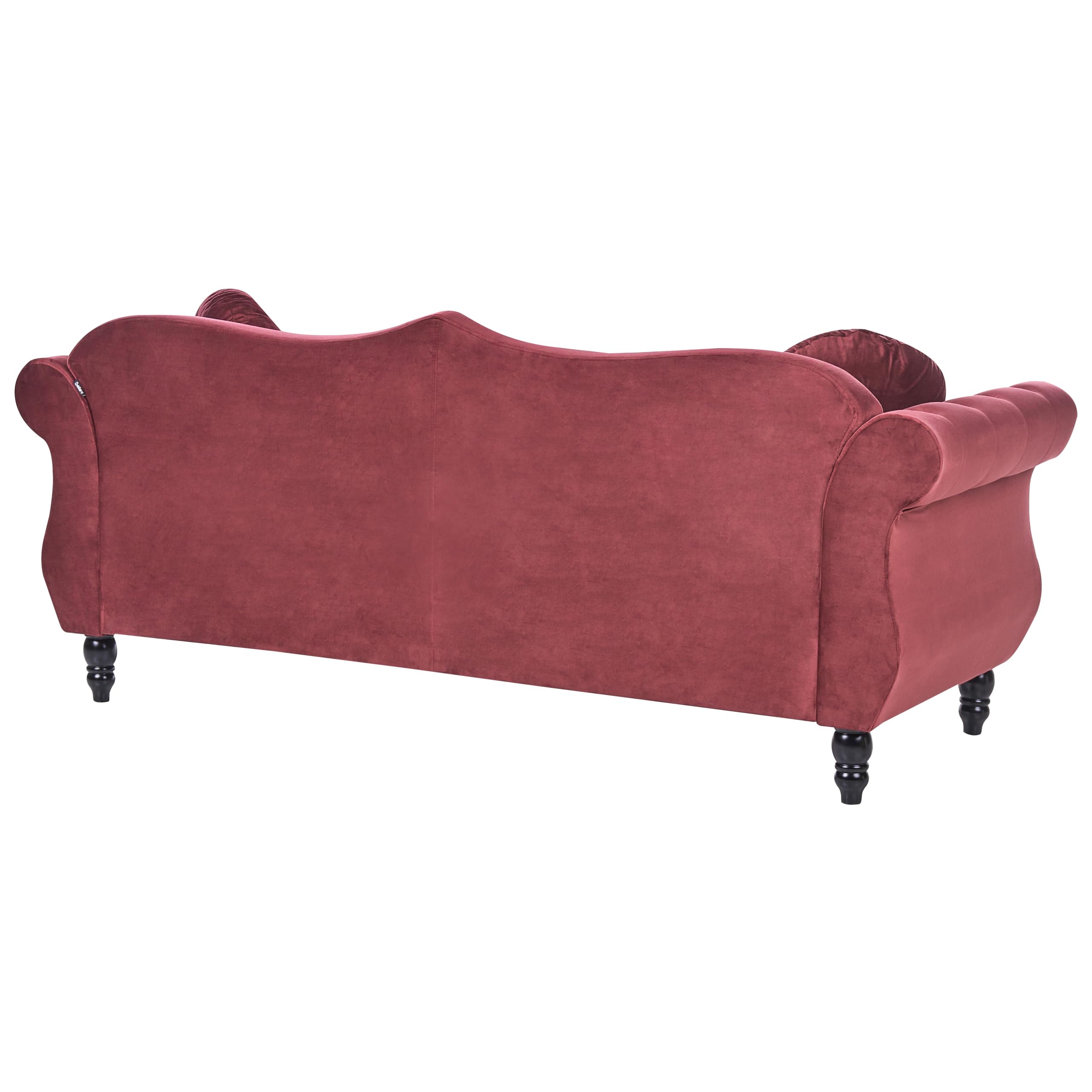 Trzyosobowa sofa welurowa pikowana ciemnoczerwona z okrągłymi poduszkami Skien