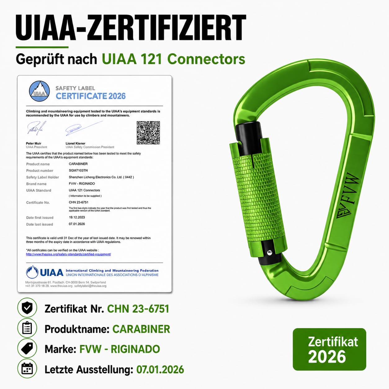 Lot de 5 mousquetons d'escalade, certifiés UIAA 25 KN, verrouillage automatique, pour hamac, balançoire, laisse et harnais, camping, randonnée et utilité (vert)