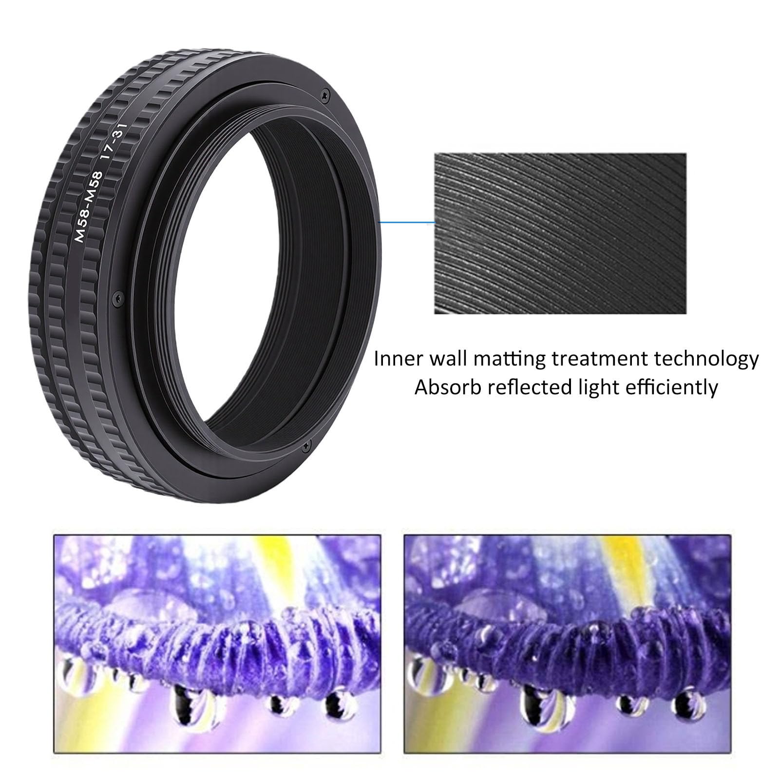 Denash Adaptador de Enfoque Helicoidal, Tubo de Extensión Macro Ajustable M58 de 17 Mm a 31 Mm con Interfaz de Rosca Universal, para Modificación de Lentes y Fotografía Macro.