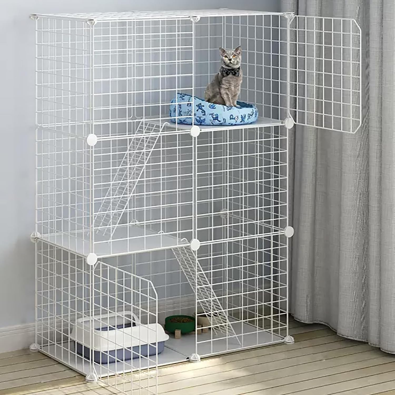Katzenkäfig für den Innenbereich, Katzenkäfig aus Draht, Laufstall, Zwinger, Katzenlaufstall, Tierkäfig, mit Katzenstreu, Katzenhängematte und Katzentoilette, mit 1 Rampe und Leite