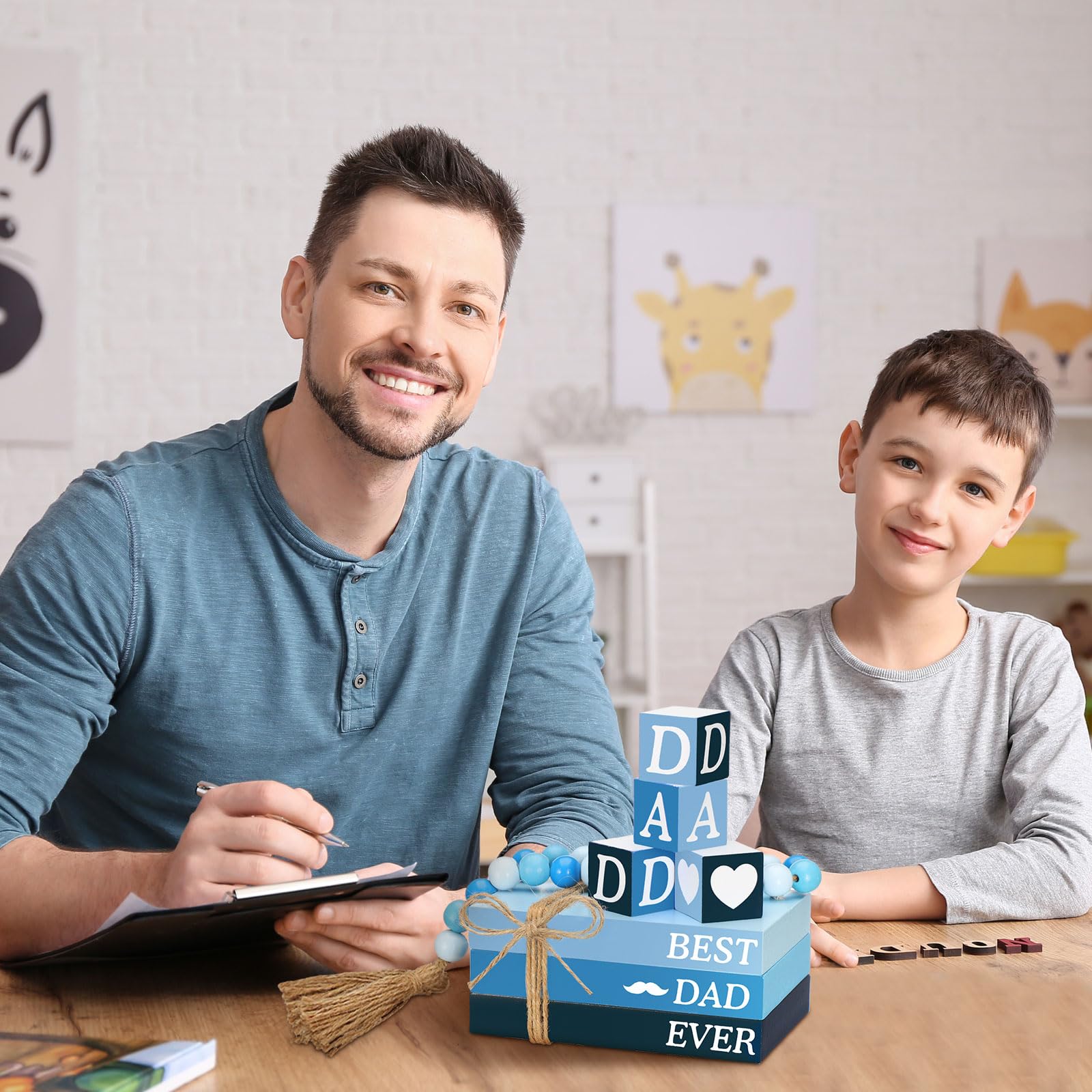 Burbell Father's Day Tiered Tray Decor Rustic Fake Wooden Book Decor Dad Tiered Tray Decorations Bead Set Father's Day Decor for Dad Gift Table Mantle Decoration