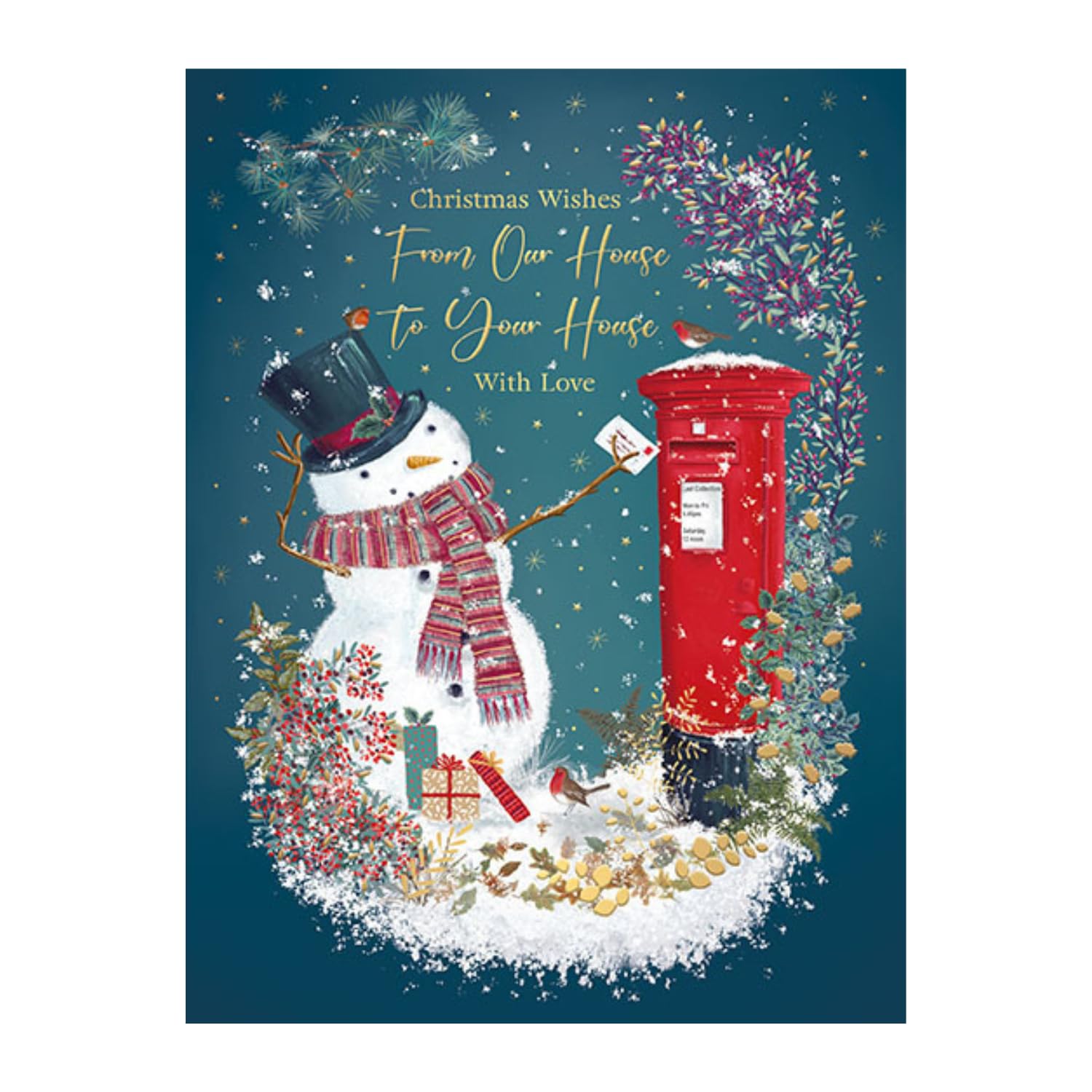 WORDS 'N' WISHES Our House To Your House Snowman Posting Letter In Letterbox Christmas Card, Multi Coloured, 19.7 x 14.9 cms