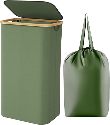 Miniatura 11 de Lifewit Cesta grande de 100 litros con tapa para ropa con asas de bambú y bolsa extraíble, plegable para dormitorio, baño, residencia universitaria