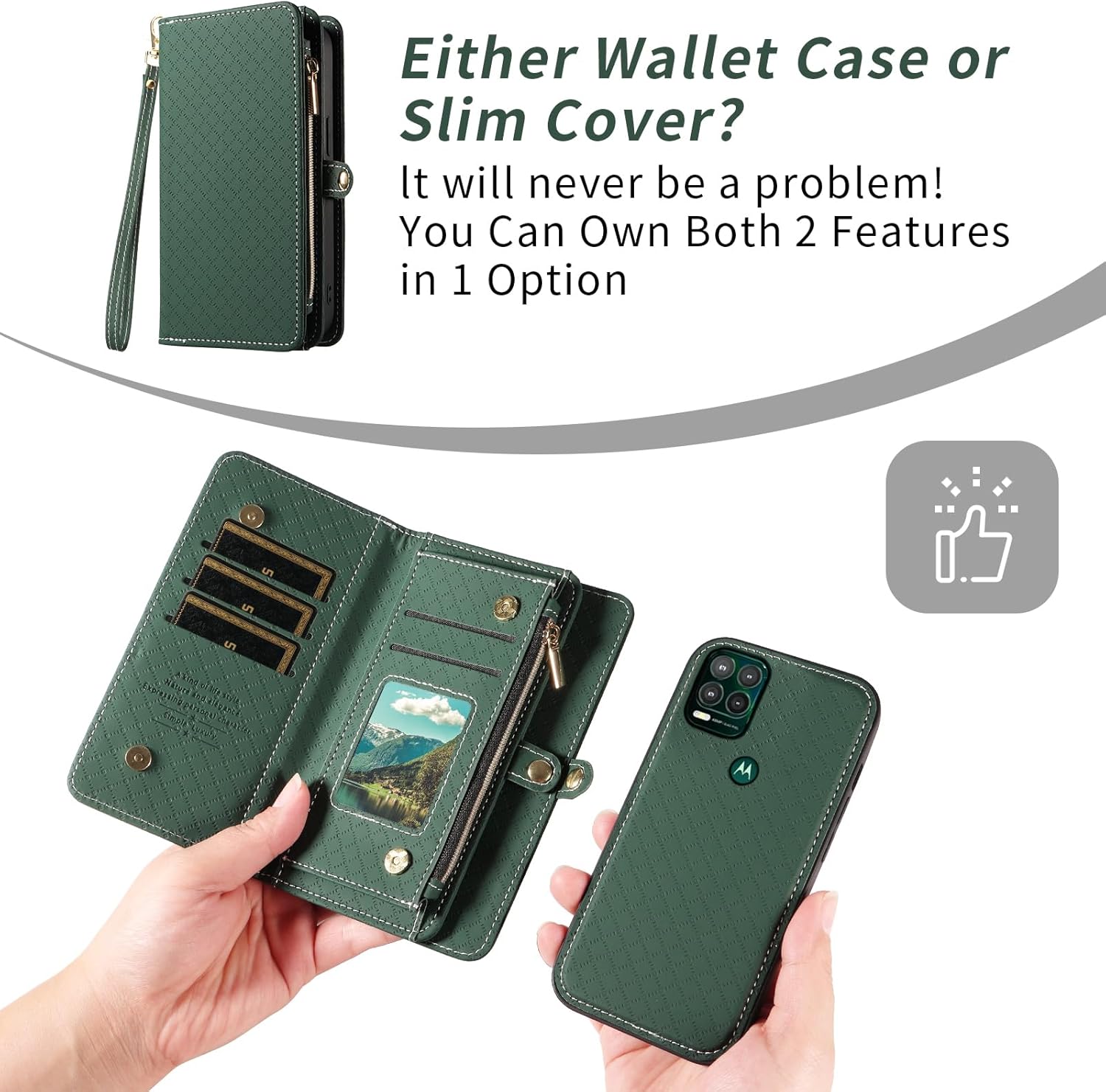 Asuwish Phone Case for Moto G Stylus 5G 2021 Zipper Wallet Detachable Cell Cover with Tempered Glass Screen Protector Crossbody Lanyard Strap Flip Card Holder Motorola GStylus G5 XT2131DL Women Green