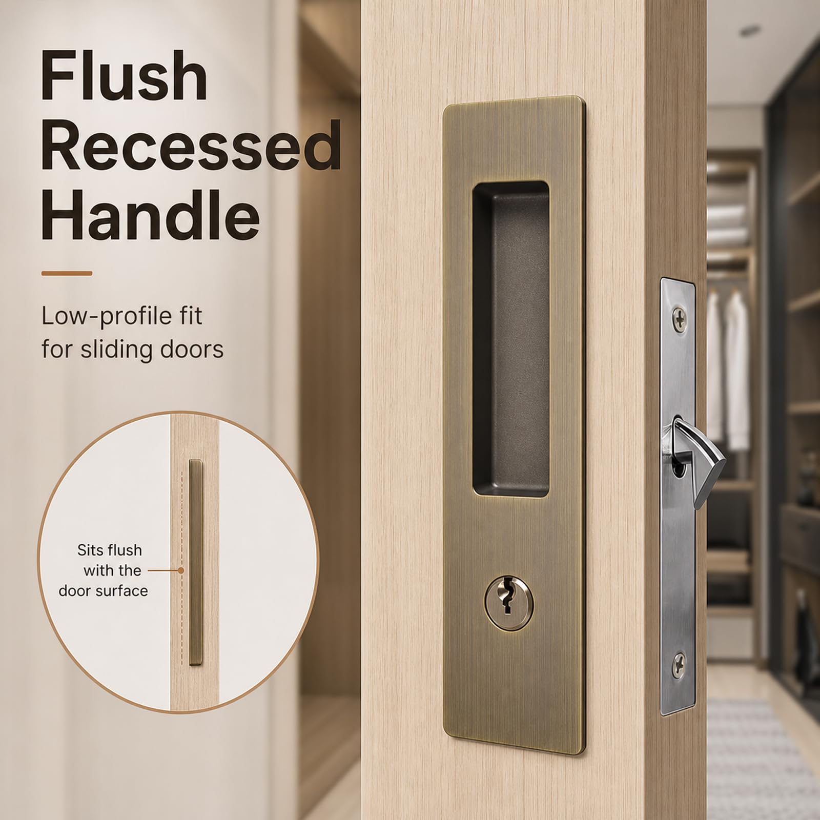 Cerradura Invisible para Puerta corredera,Cerradura de Puerta Corredera,Manilla Invisible para Puertas Empotradas,Cerradura de Embutir para Puerta Corredera,para baño,Armario,Cocina
