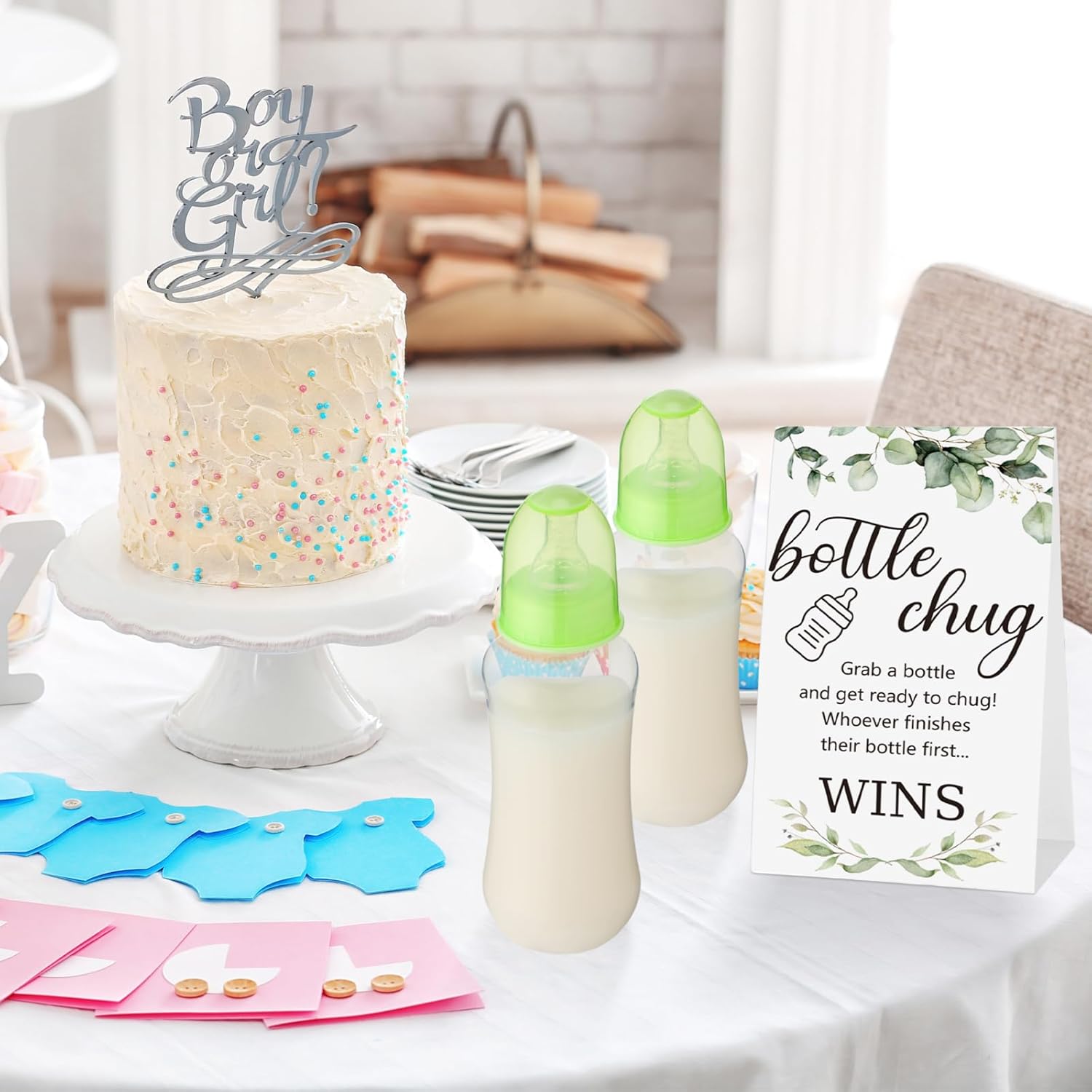 TrelaCo Cool Baby Shower Games Sets 12 Pcs Bottles with 1 Bottle Chug Sign for Gender Reveal Baby Shower Party Favors Decoration Games(Leaves,Green)