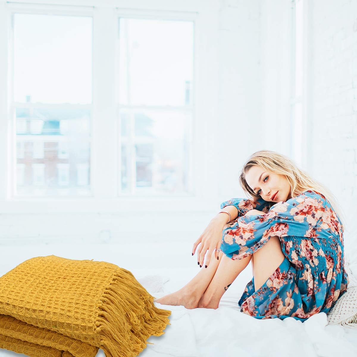 Yellow Mustard Honeycomb Pattern Blanket Cotton Throw Blanket Super Soft for Couch Bedroom Size 70"X55" Birthday