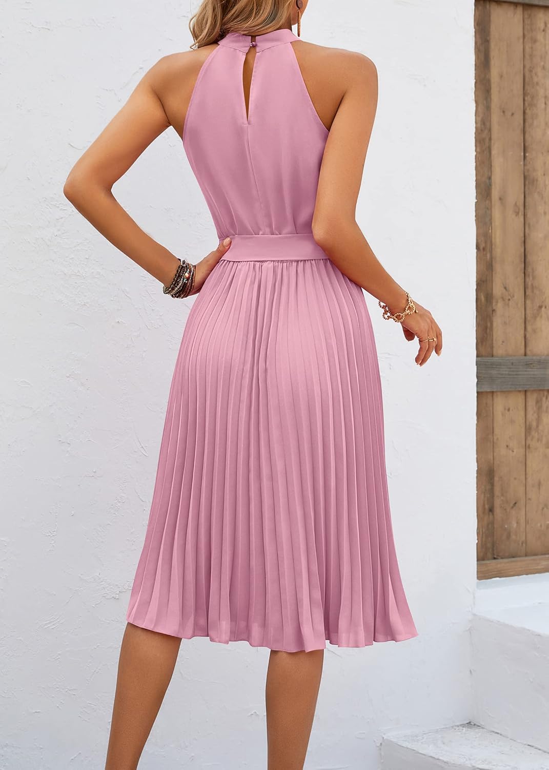 KIRUNDO Women's 2026 Summer Sleeveless Halter Neck Pleated Midi Cocktail Dresses A Line Flowy Beach Sun Dress with Belt - Image 5