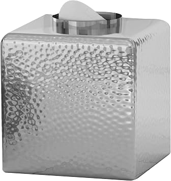 nu steel Boutique Tissue Box Cover, Part of Majestic Hammered Bathroom Accessory Set Stainless Steel Square Facial Tissue Box Holder for Bathroom Vanity Countertop, Bedroom Dresser, Shiny
