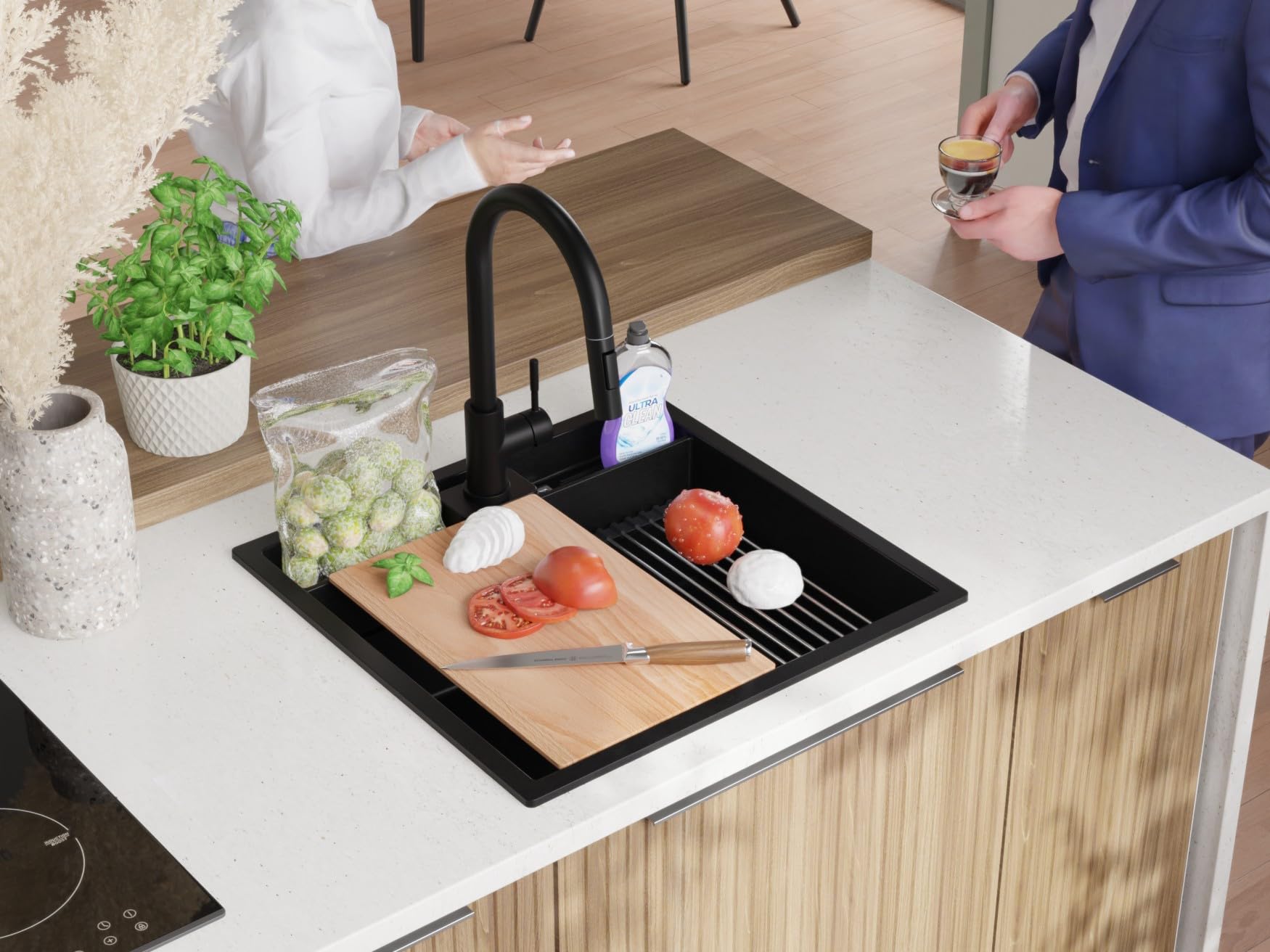 PRIMAGRAN Evier Cuisine en Granit au Meuble 60cm + Robinet, 56x54cm