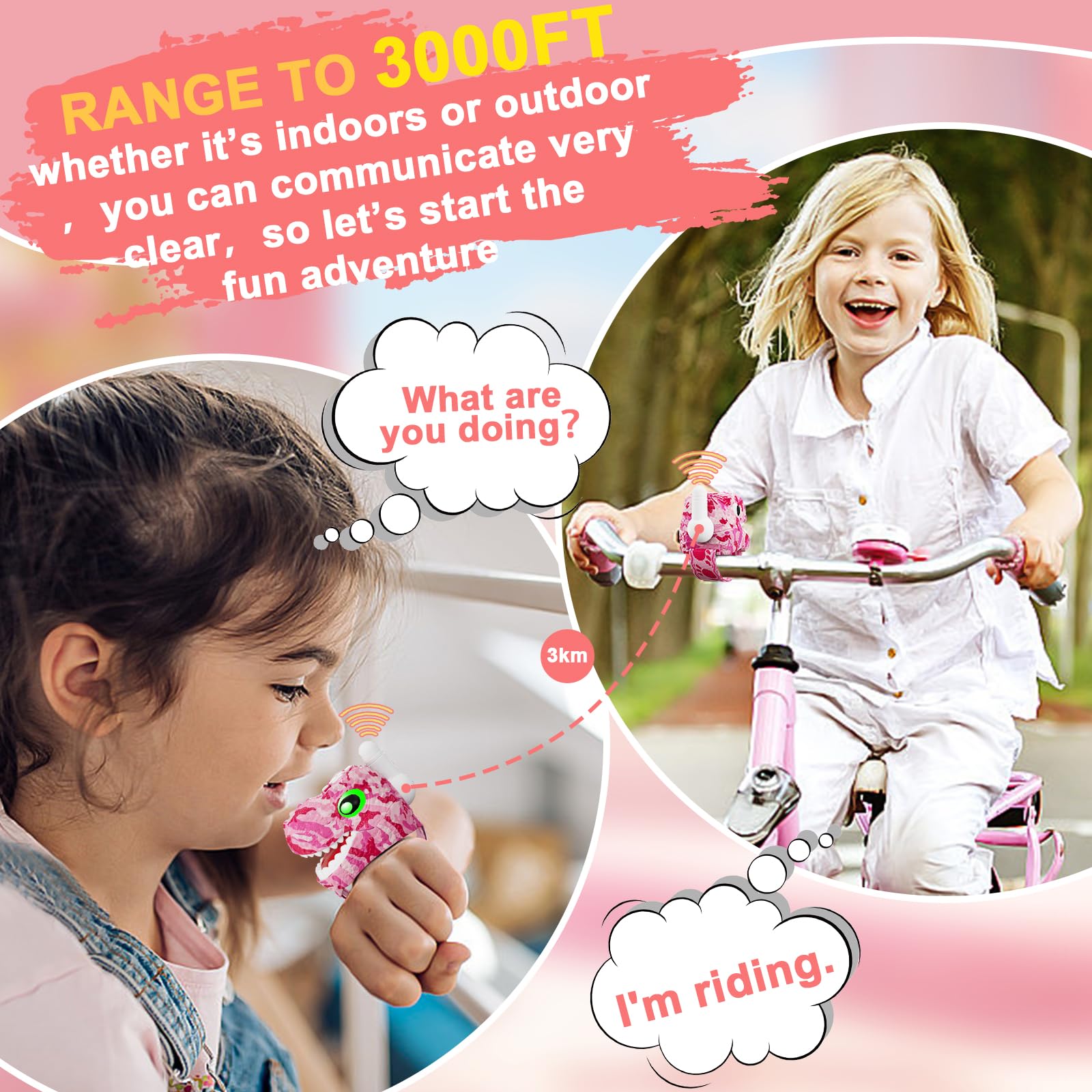 Dinosaur Walkie Talkies for Kids 2 Pack Camping Gear T-Rex Outdoor Toys for Girls Age 3-12 Year Old 3 Channel Long Range Birthday Gifts Christmas Stocking Stuffers