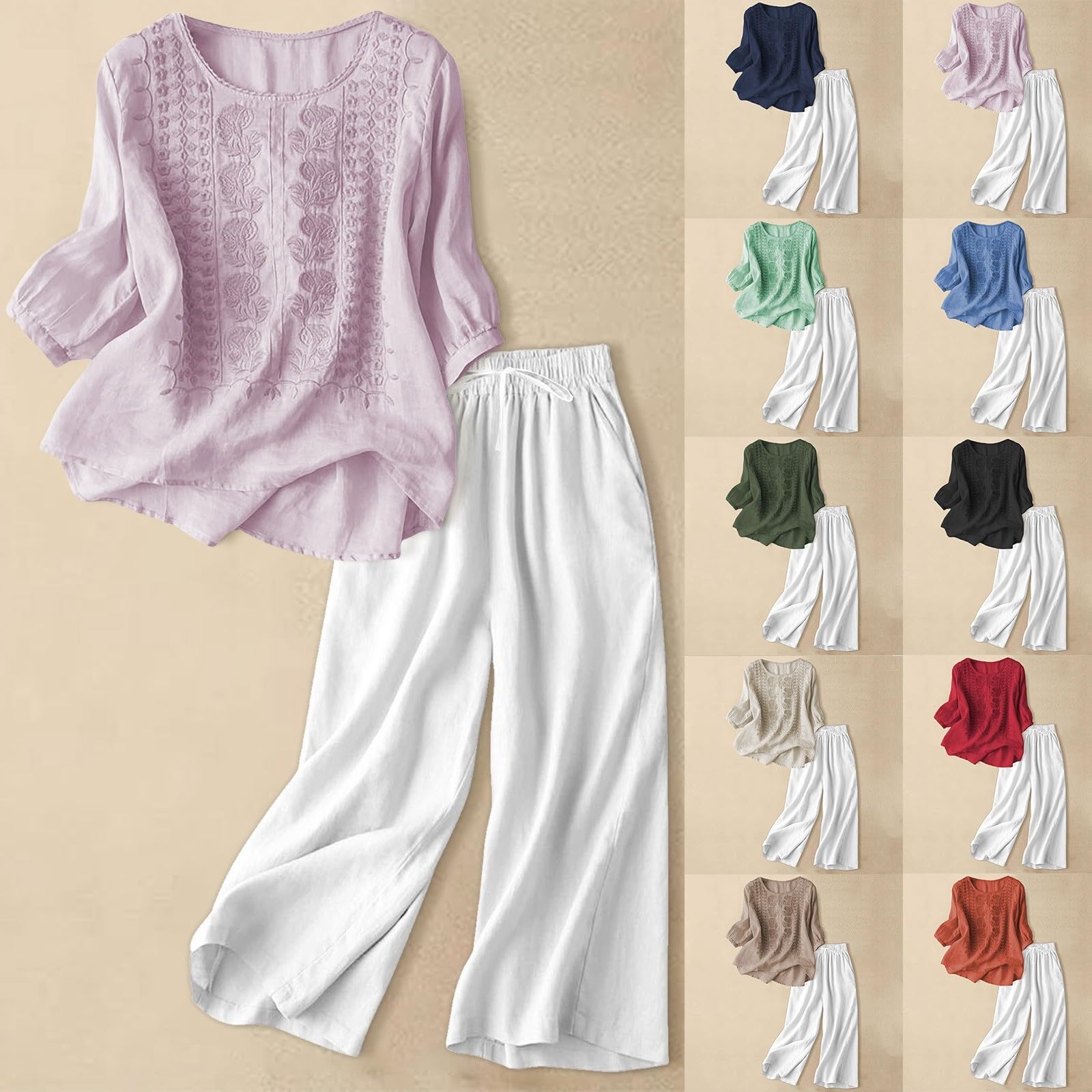 Ensemble Femme Pantalon et Haut Fluide en Lin 2 Pieces Pantalon Large Fluide + Chemise Manches Longues Lin Printemps Été Ample Respirant Ensembles de Vêtements Décontracté Tenue Plage Loungewear