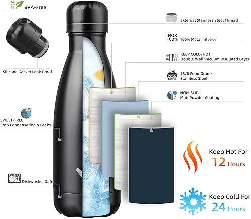 Miniatura 2 de Botella de agua 12 oz, termo de metal Vacumm con aislamiento de doble pared de acero inoxidable para viajes deportivos, color negro medianoche