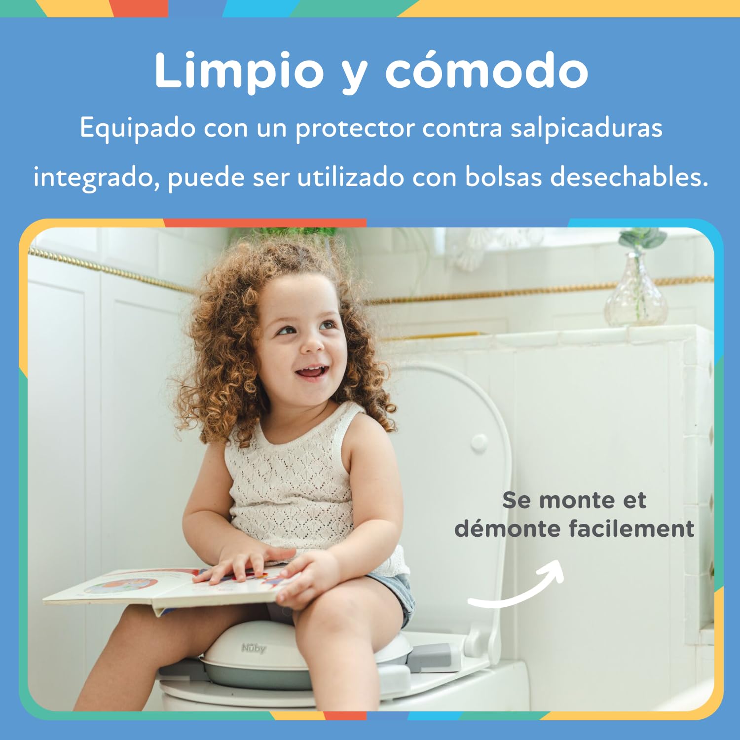 Nuby - Inodoro Portatil 2 en 1 Para Viaje - Adaptador WC Niños y Orinal Bebe - WC Portatil con Bolsas Desechables y Protección Antisalpicaduras - Baño Bebe Ligero y Compacto - 18+ meses
