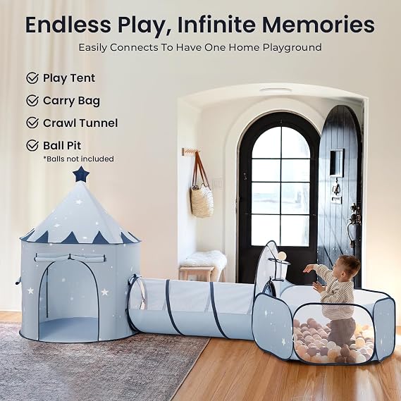 Tiny Land 3-in-1 Kids Play Tunnel with Ball Pit & Tent, Pop-Up Crawl Toy | Foldable Indoor & Outdoor Play Set With Carry Bag, Breathable Mesh Design, Easy Setup, Gift For 2 Year Old Girls & Boys