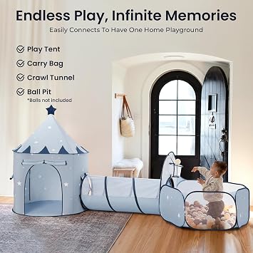 Tiny Land 3-in-1 Kids Play Tunnel with Ball Pit & Tent, Pop-Up Crawl Toy | Foldable Indoor & Outdoor Play Set With Carry Bag, Breathable Mesh Design, Easy Setup, Gift For 2 Year Old Girls & Boys