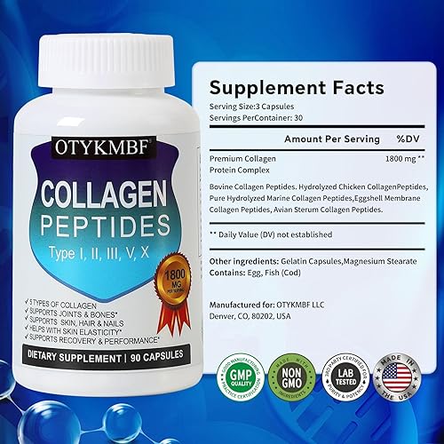 Miniatura 7 de OTYKMBF Píldoras de péptidos de colágeno múltiple de 1800 mg, tipo I, II, III, V, X - Complejo de colágeno hidrolizado de alta calidad que apoya la