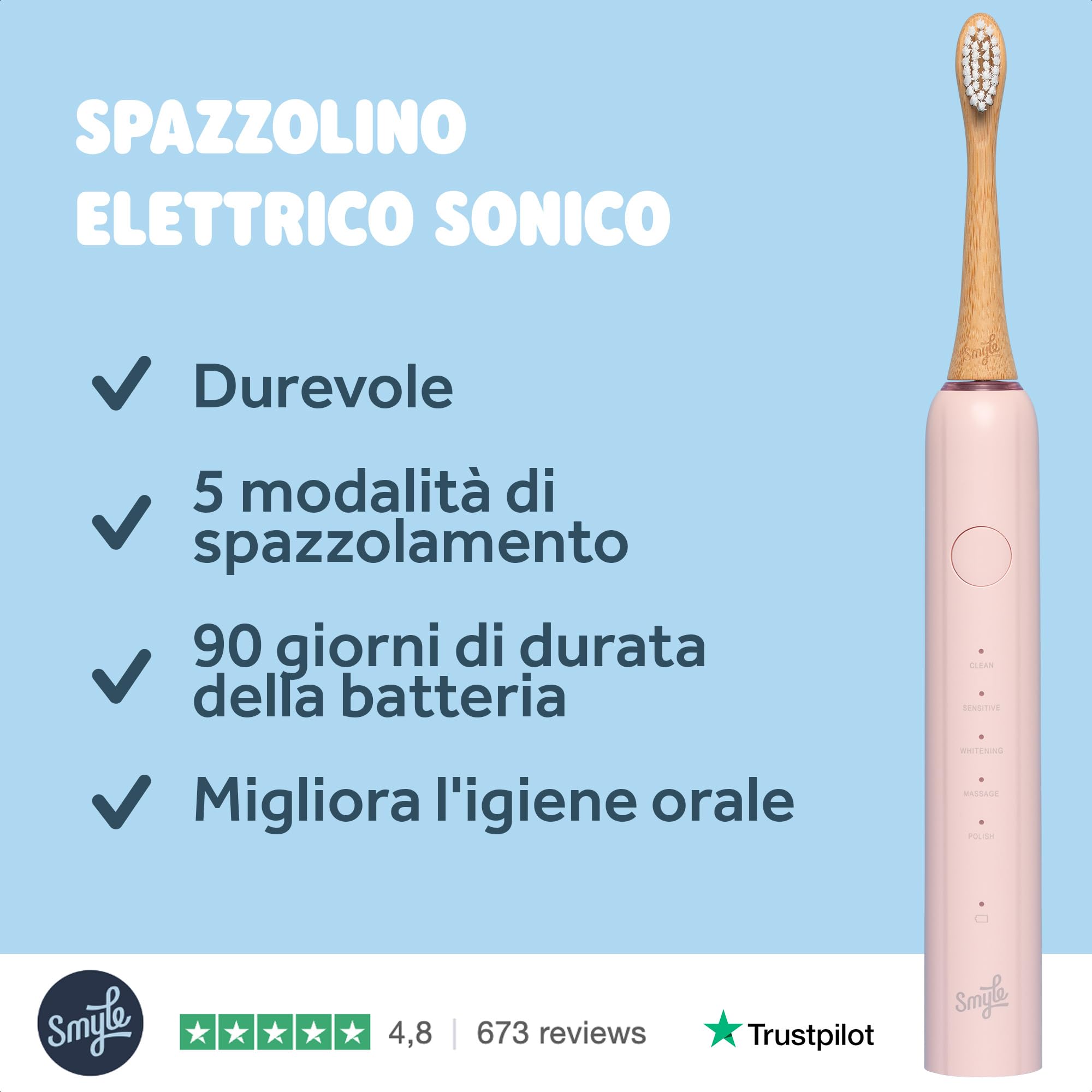 Smyle Spazzolino sonico con sensore, durata della batteria di 3 mesi, timer intelligente e 5 modalità di pulizia e impermeabile (Rosa Pastello)