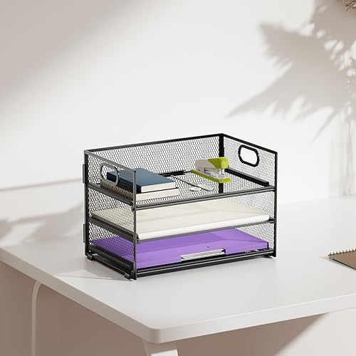 Miniatura 6 de Marbrasse Bandeja organizadora de papel de 3 niveles, organizador de archivos de malla con asa, organizador de escritorio clasificador de papel para