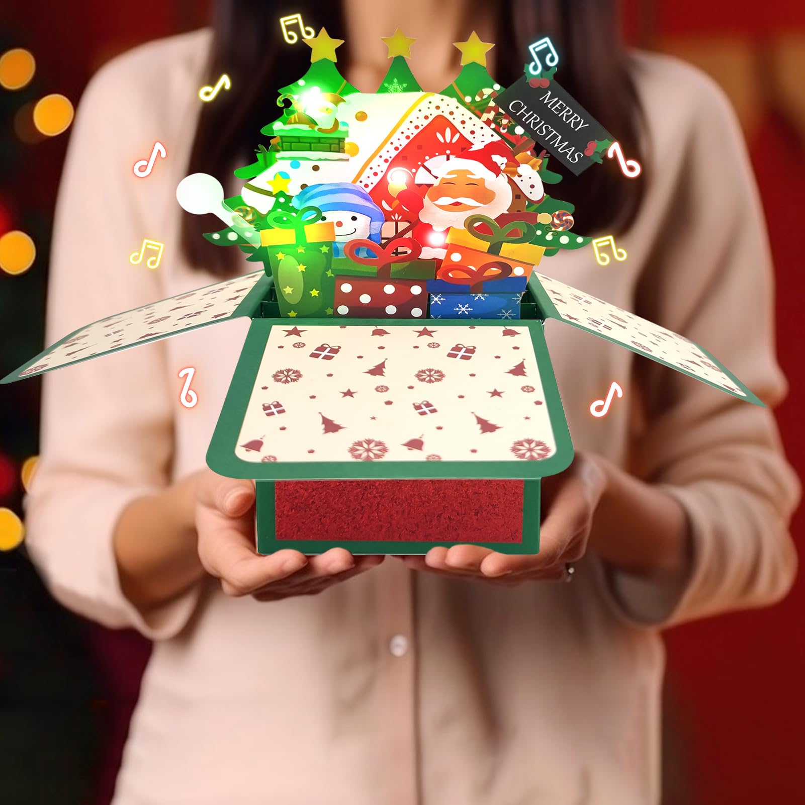 Tarjeta de Navidad 3D Pop Up Árbol de Navidad con luces y música, soporte para tarjetas de Navidad, tarjeta de Navidad, luz LED para niños, novia y familia (nieve)