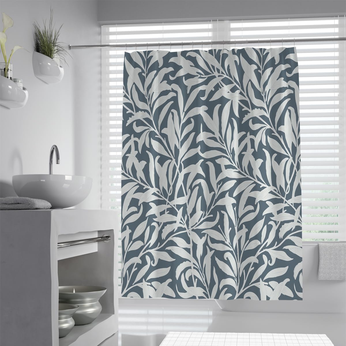 OLLIAR Home Vintage Willow Leaves Shower Curtain 240x180 Natural Farmhouse Botanical Art Printed Fabric Waterproof Curtain for Bathroom Decor with Hooks Blue