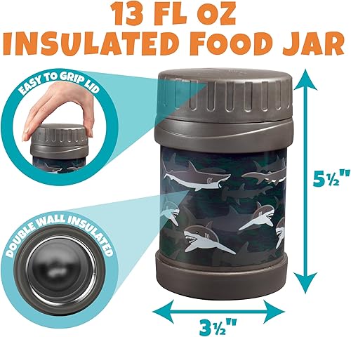 Miniatura 9 de Juego de bolsas de almuerzo para niños (dinosaurios) con bolsa de hielo duro reutilizable y tarro de alimentos de doble aislamiento para bebidas o