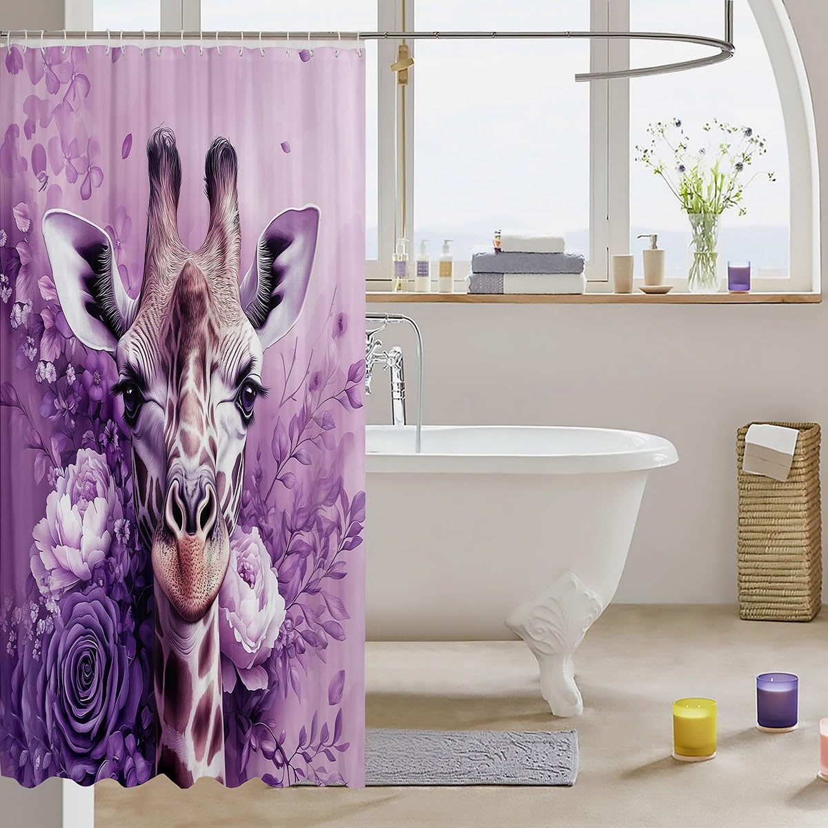 Wildlife Giraffe Shower Curtain,Dreamy Purple Flowers Bath Curtain for Kids Boys,African Safari Animals Waterproof Bathroom Curtain with 12 Hooks,Botanical Shower Curtains for Bathtubs 72" W x 84" L