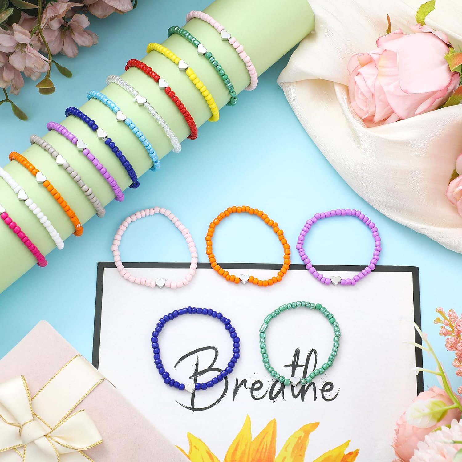 Sureio 24 Pcs Colorful Friendship Bracelets Letter Heart Smile Bracelet Surfer Bracelets Stretch Beaded Kids Bracelet for Girls Women Back to School Tween Girl Party Favors