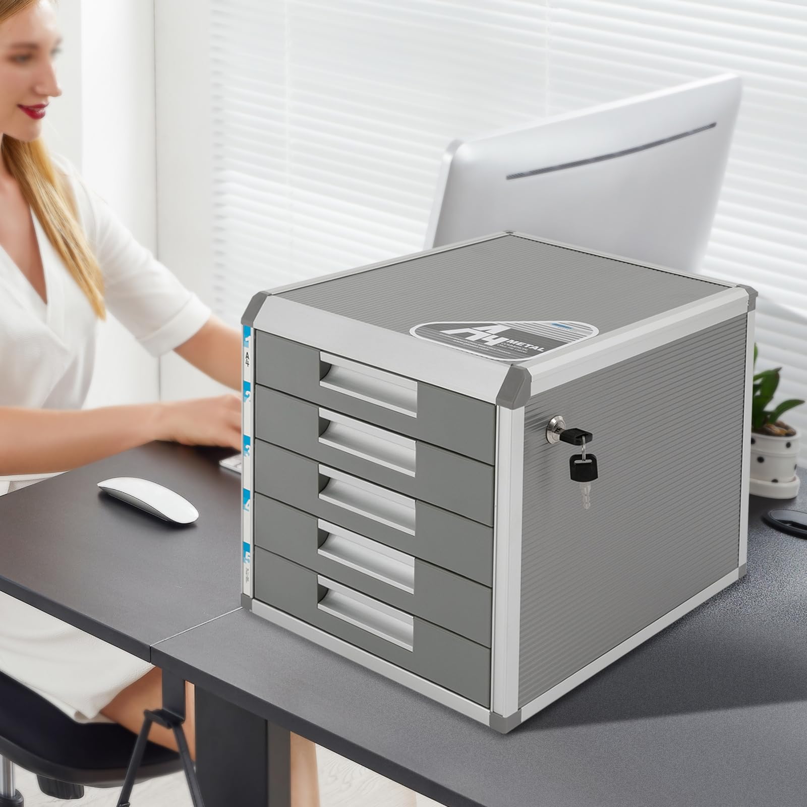 Cassettiera in lega di alluminio a 5 scomparti, formato A4, organizer da scrivania, cassetti con serratura ed etichette per riporre documenti e moduli