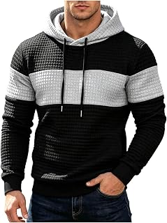 Lmdudan Mens Waffle Color Block Hood Top Drawcord Long Sleeve Striped Shirt