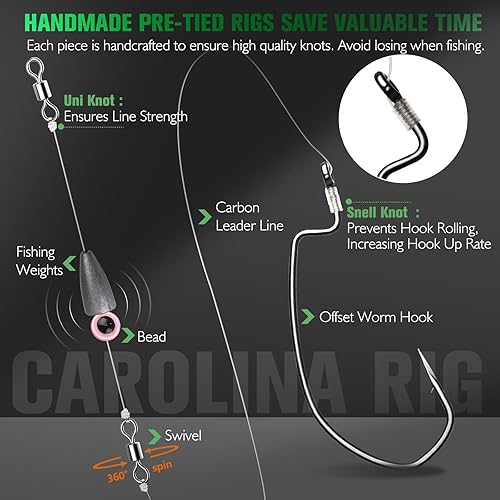 Miniatura 9 de Dovesun 105PCS Ready Tied Carolina Rig Kit for Bass Fishing Catfish Rig Catfish Hook Kit with Bass Hooks, Swivel, Fluorocarbon Line, Weights
