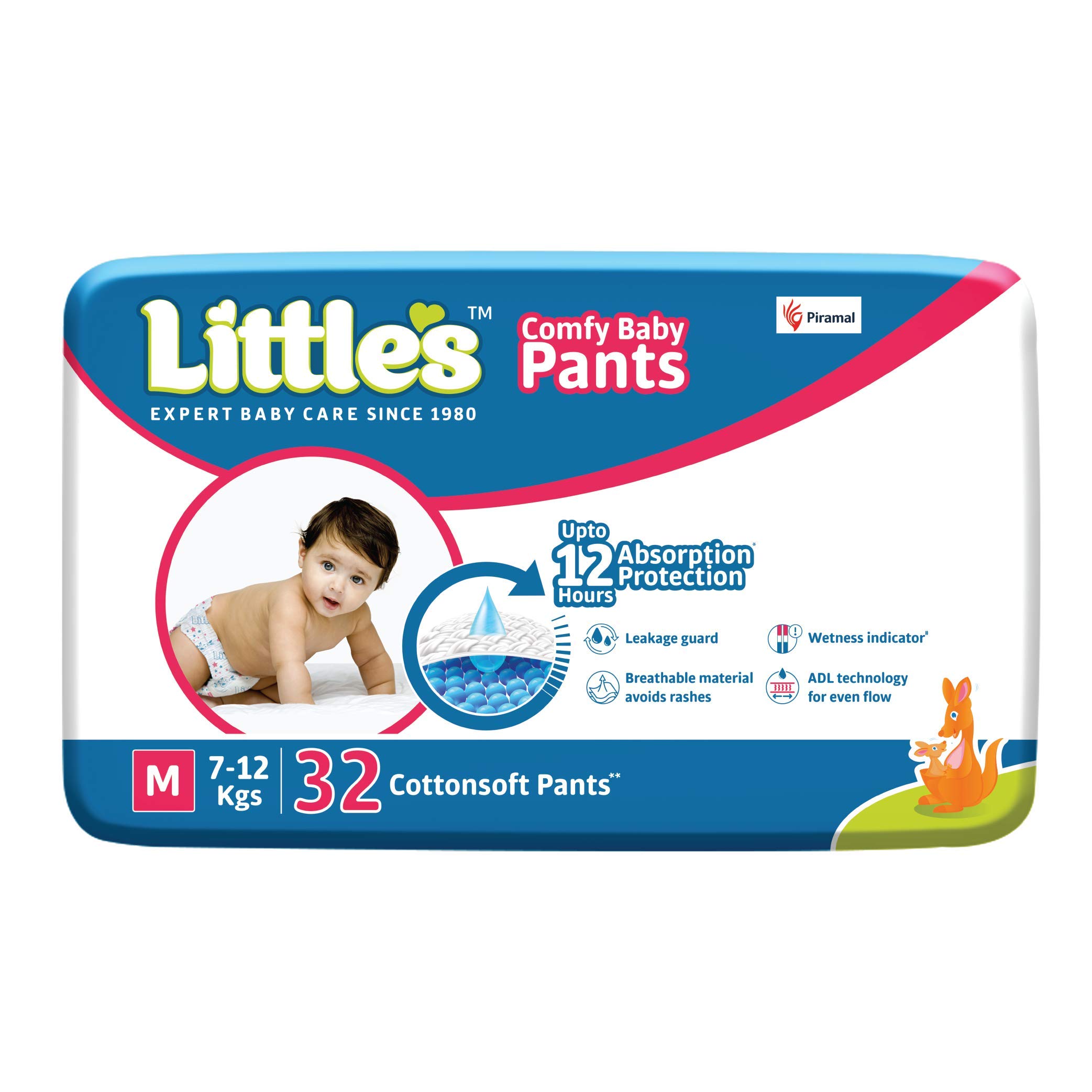 Little's Premium Baby Diapers M Size (Medium) Pants Style | 7-12 kg | 32 Count - Pack of 1 | CottonSoft Baby Diaper with Leakage Guard, Wetness Indicator & 12 Hours Absorption
