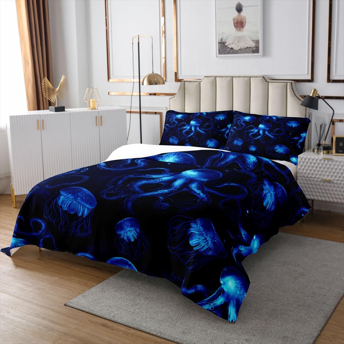 Homewish Blue Jellyfish Bedspread Twin Size 2 Pcs,Watercolor Wild Sealife Bedding Sets for Kids Teens Adults,Coastal Ocean Theme Coverlet Set with 1 Pillowcase