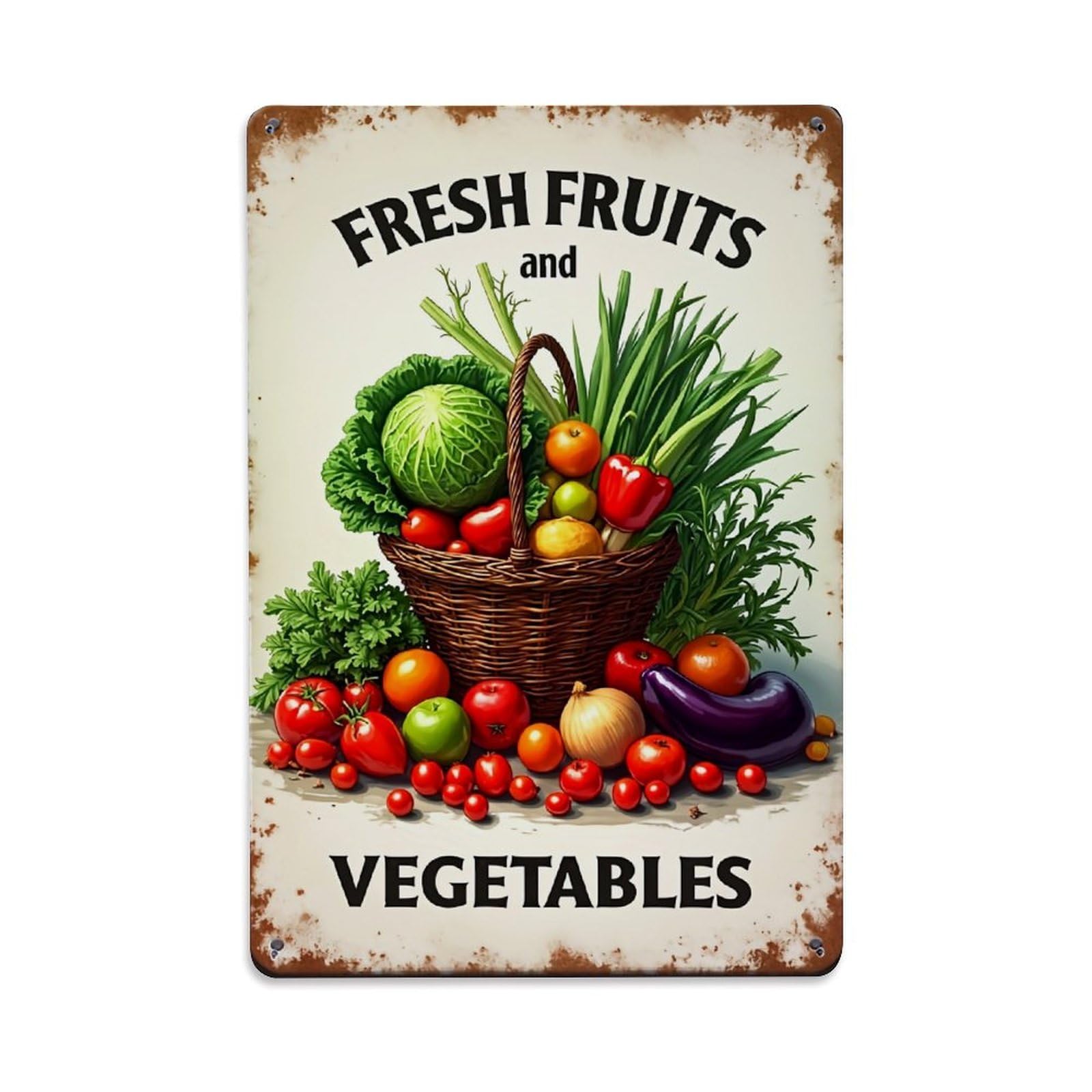 Fresh Fruits And Vegetables Retro Metal Tin Sign, Vintage Decor Art Poster for Bar, Home, Man Cave, Kitchen, Laundry Room Gift 8x12Inch