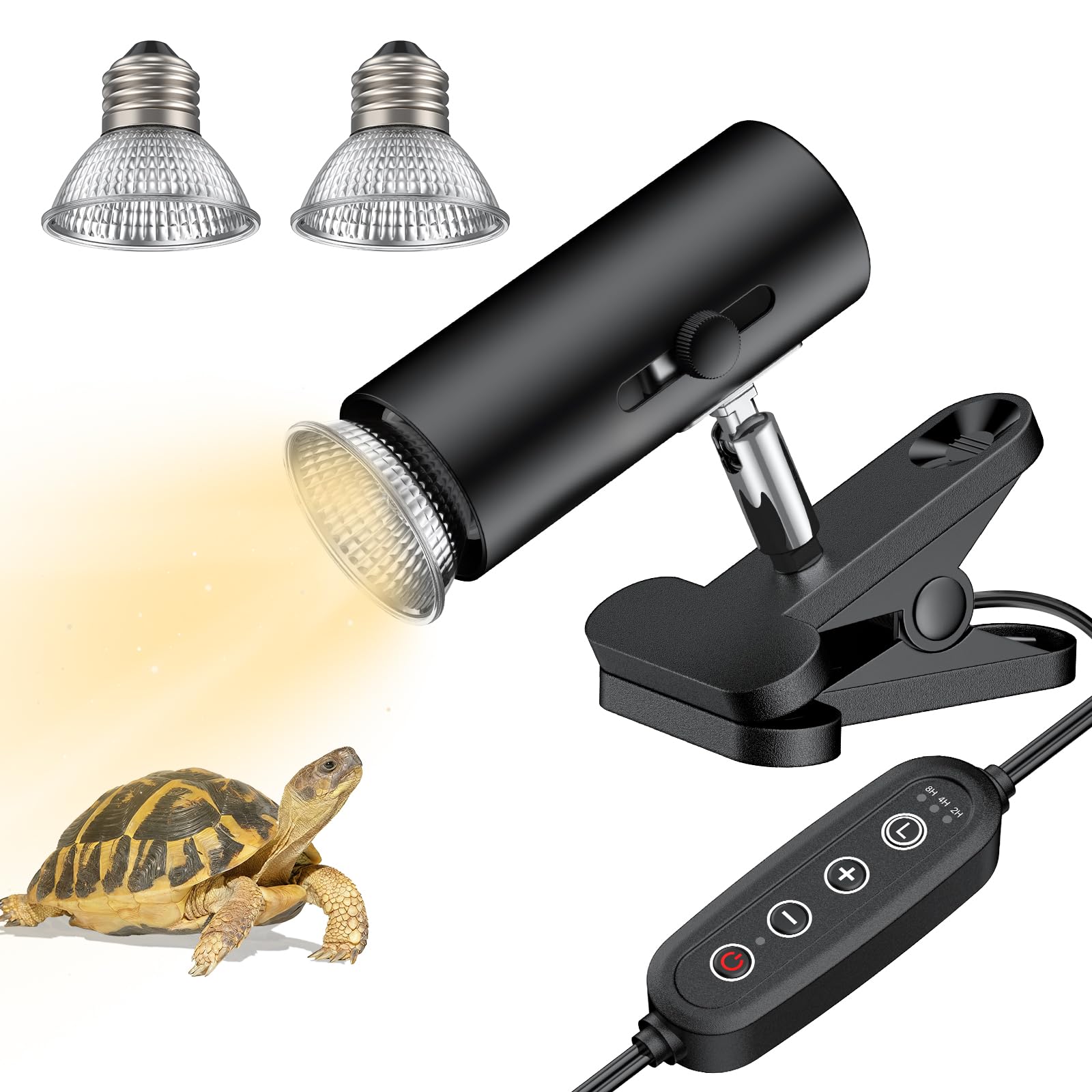 Pawfly Reptile Heat Lamp, Terrarium Basking Spot Lamp with 2 Pack 50 W UVA UVB Bulbs, Timer & Dimmer, Adjustable Heating Light for Amphibian, Bearded Dragon, Tortoise, Lizard & Chameleon