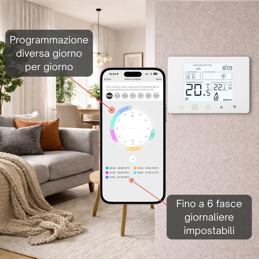 CRONOTERMOSTATO WIFI PROGRAMMABILE SMARTPHONE APP ALEXA TERMOSTATO CALDAIA DA PARETE O BOX 503 ALIMENTAZIONE 90-240 Vac