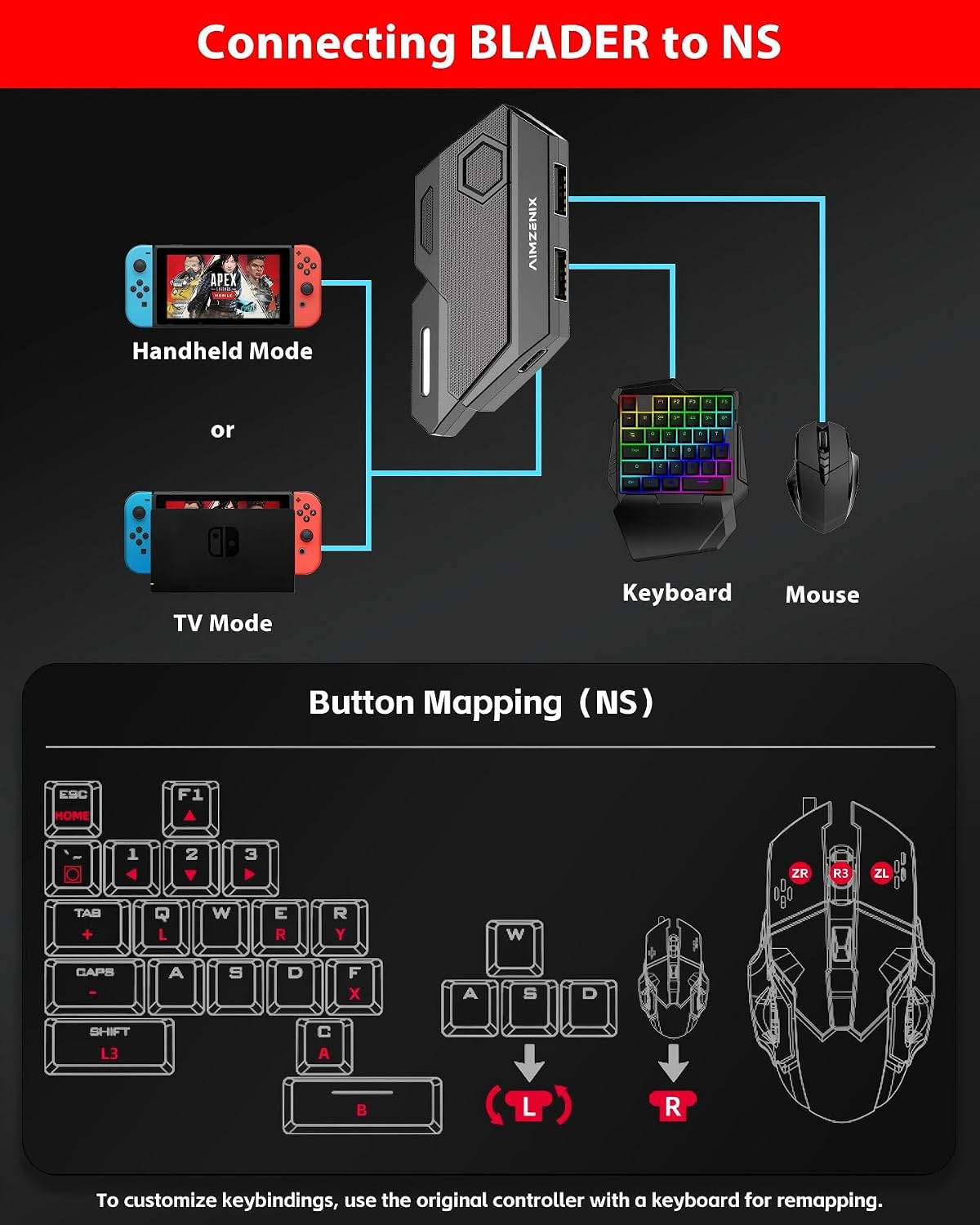 Diagram showing how to connect the BLADER adapter to a Nintendo Switch in both handheld and TV modes, along with a keyboard and mouse.