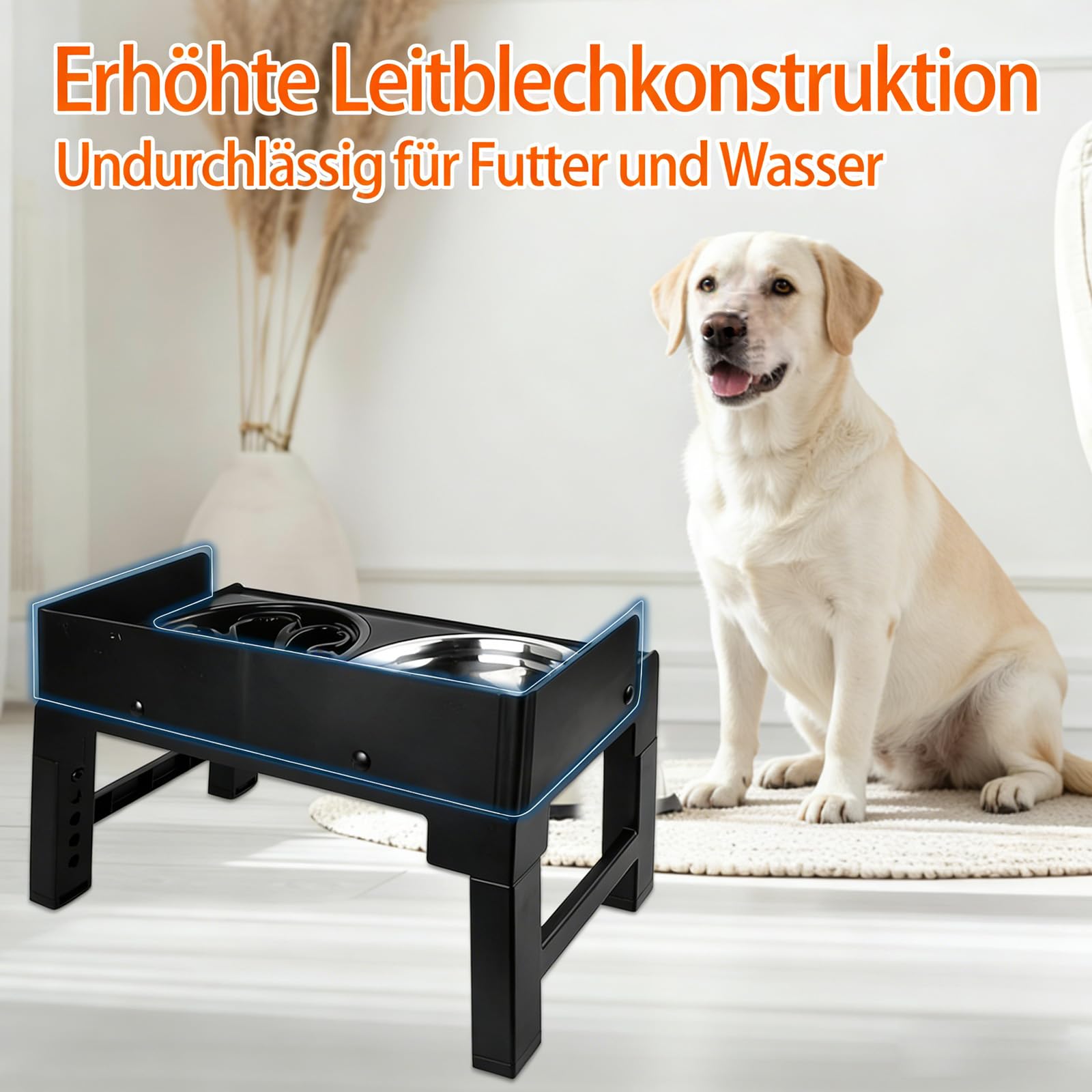 Hundenapf Erhöht, Erhöhter Futternapf Hund Höhenverstellbar, Fressnapf Hund mit Gestell, Futterstation Hund Mit 2 Hundenäpfe aus Edelstahl und 1 Anti Schling Napf Hunde (Schwarz)