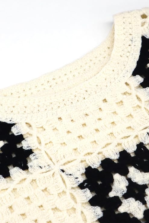 Allimy Womens Patchwork Hollow Out Checkered Crewneck Crochet Knit Tanks Tops Sleeveless Tanks Top Vest
