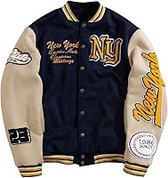 SOLYHUX Men's Letter Graphic Varsity Jacket - Patched Striped Baseball Bomber, Long Sleeve Button-Up Streetwear