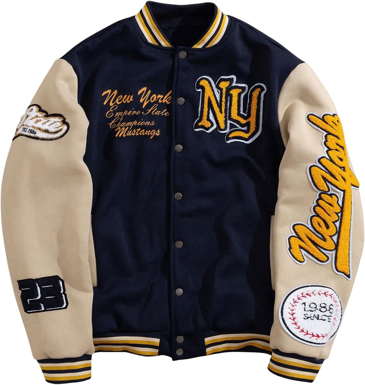Men's Letter Graphic Varsity Jacket Long Sleeve Striped Trim Button Bomber Jackets