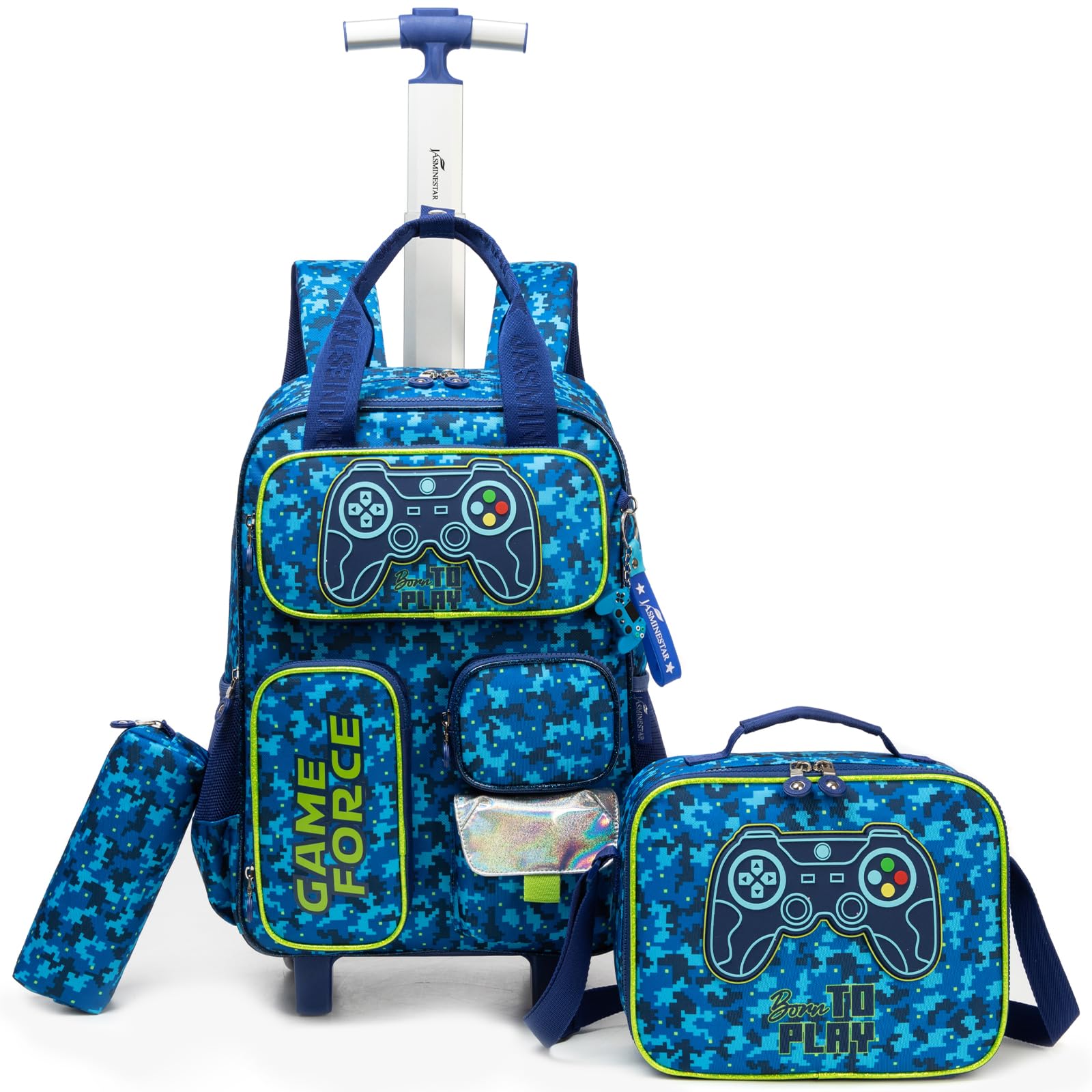 Zaino con Rotelle Bambino Tasche Multifunzionali Joystick Trolley Zainetto Asilo Scuola Elementare Primaria Borsa Pranzo Portamatite Grande Carrello Valigia Ragazzo Viaggio Blu