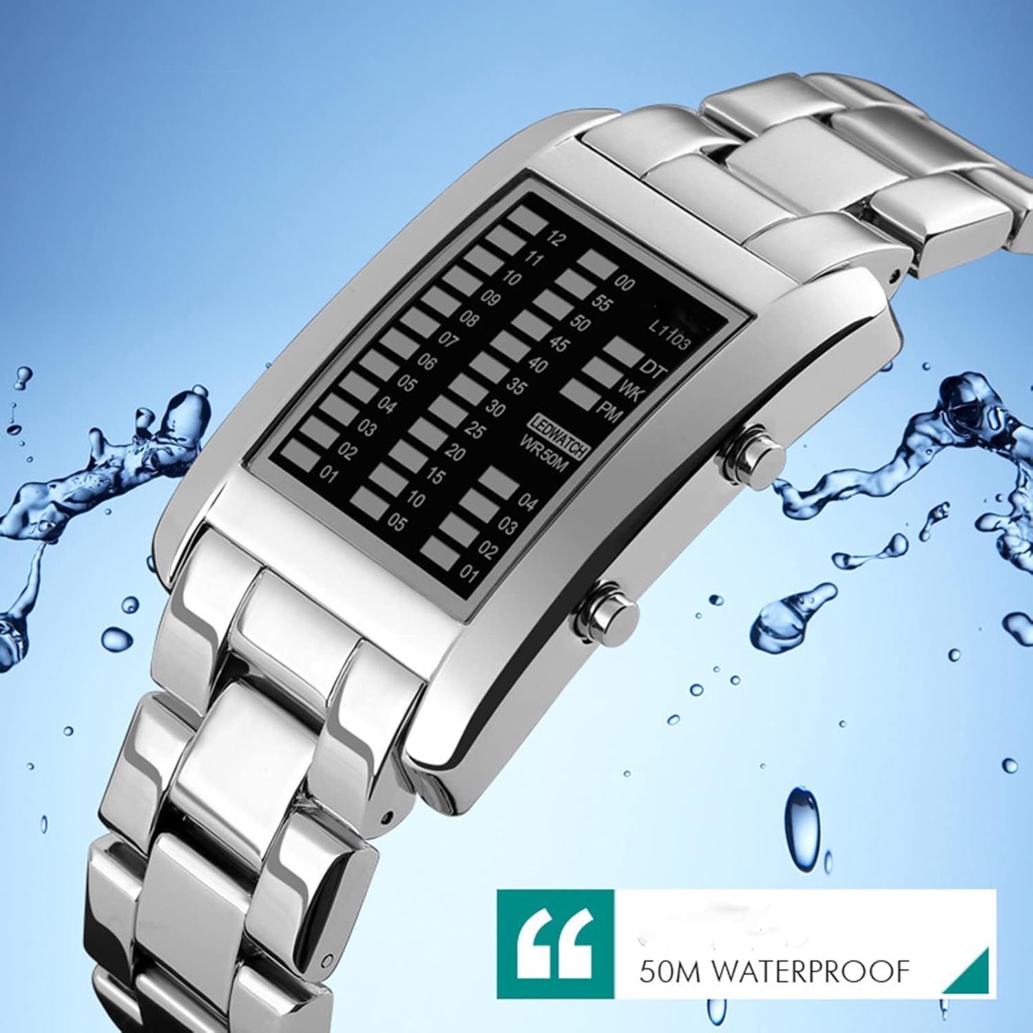 FANMIS Lovers Watch Waterproof Men Women Steel Red Binary Luminous LED Electronic Display Date Sport Watches (Silver Men B)