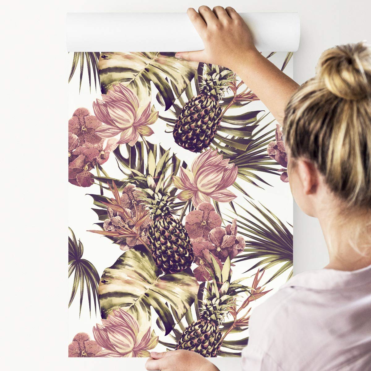 Muralo Papel Pintado Autoadhesivo Palmeras, Monstera, Flores - 10m x 50 cm | Revestimiento mural autoadhesivo en rollo, colocación en seco sin cola, despegar y pegar, lavable, para paredes y muebles
