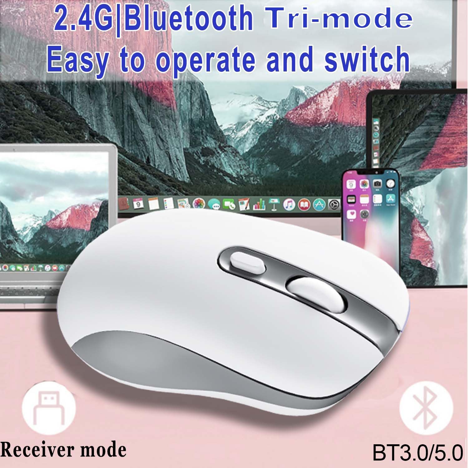 Ratón inalámbrico, silencioso, inalámbrico, Bluetooth, trimodo, con 6 botones, portátil, recargable, diseño ergonómico inalámbrico, 800-1200-1600 DPI ajustable, para tablet, PC, computadora portátil