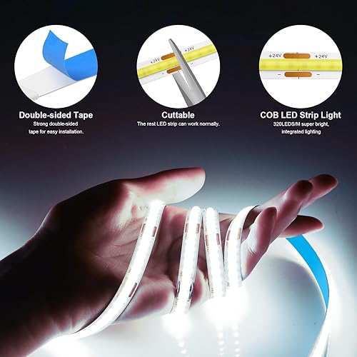 Miniatura 4 de Tira de luces LED inteligentes de 16.4 pies, color blanco, tira de luz LED COB regulable de 6000 K, tira de luz LED COB de 24 V, funciona con Alexa