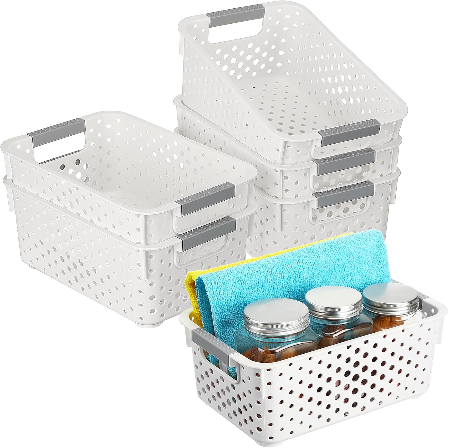 Ziliny 6 Pcs Small Storage Basket White Plastic Stackable