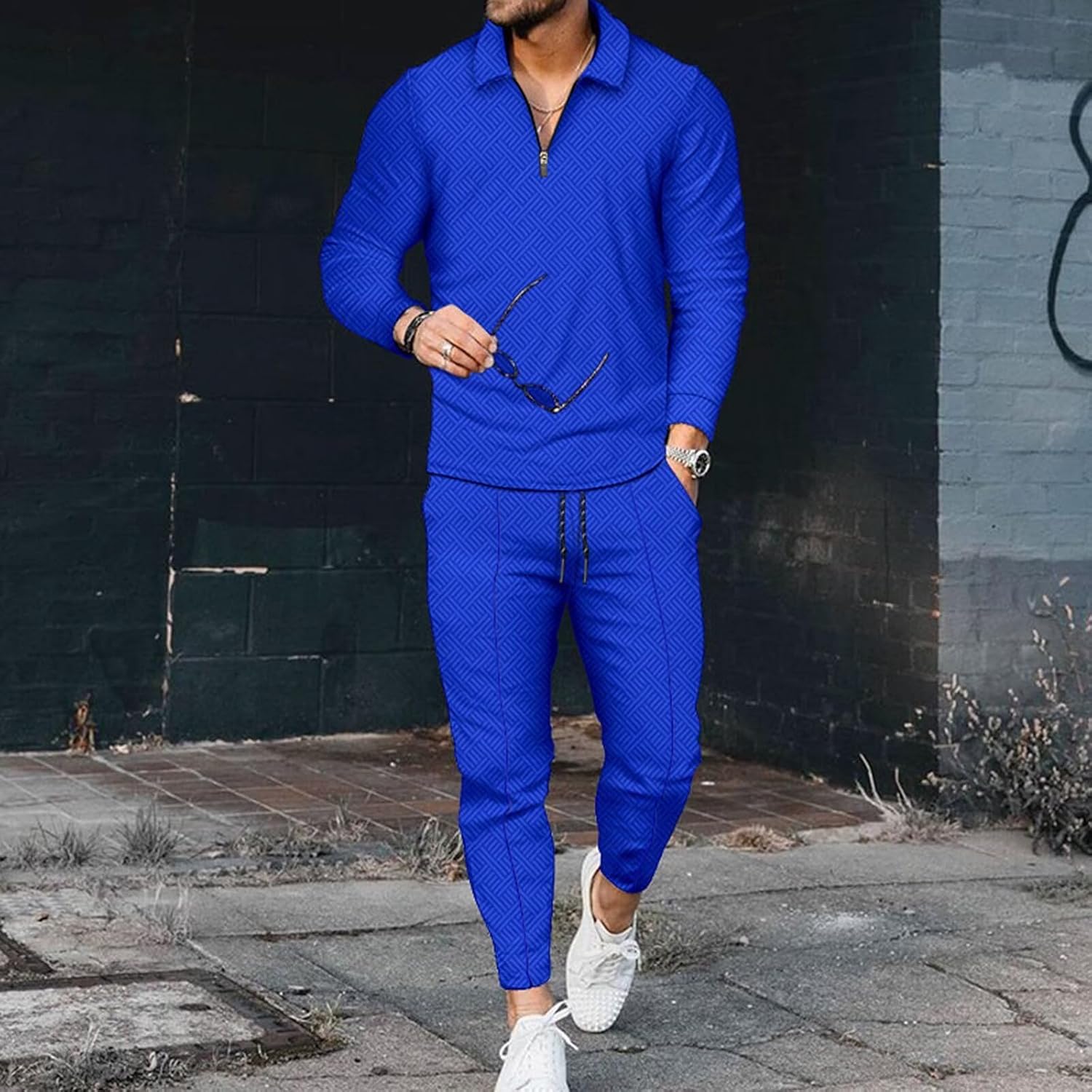 Mens Tracksuit Set 2 Piece Long Sleeve Polo Shirt and Pants Jogging Sweatsuits Sets Casual Fashion Vacation Outfits Loungewear Blue Size L - Image 2