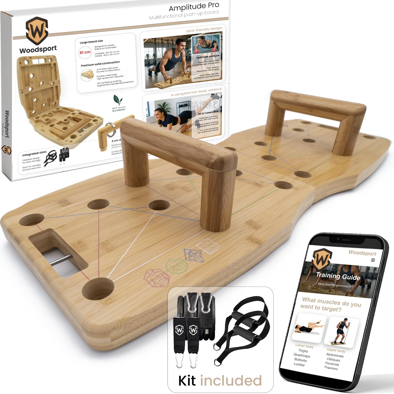 Woodsport Pro – Push Up Board/Press Up Board – Foldable Pushup Board (Adult Size: 81 cm) – Home Gym Equipment – Bamboo Calisthenics Workout Board with Resistance Bands + 30-in-1 Training Guide